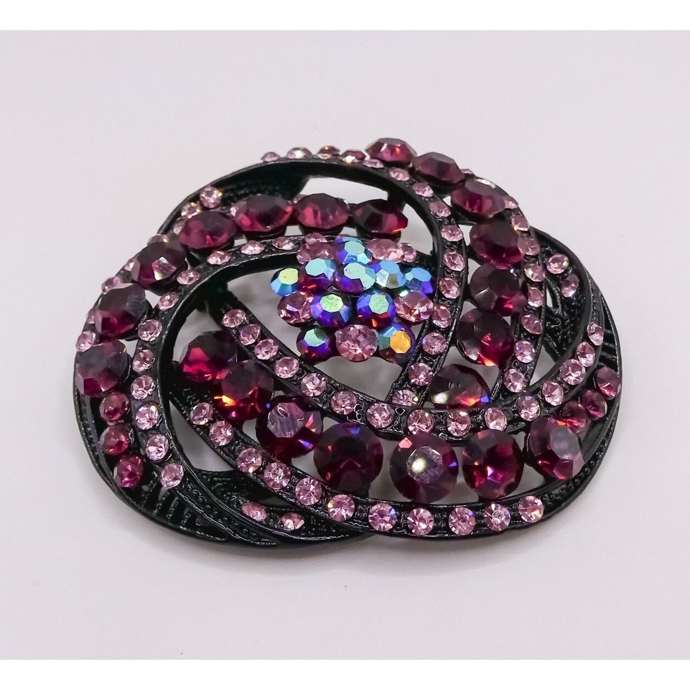 Vintage Purple Black Rhinestone Swirl Japanned Metal 2" Womens Brooch Pin